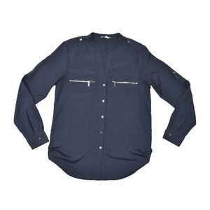 Calvin Klein Women's Blue V Neck Button Up Blouse Size S Long Sleeve Polyester